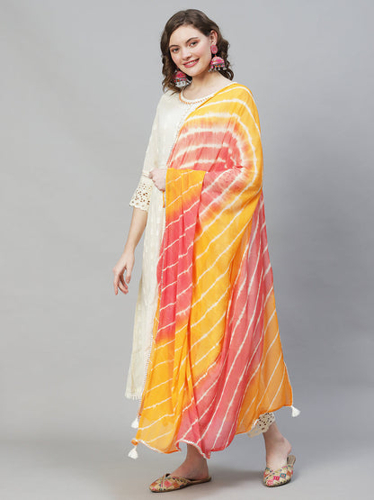 Ethnic Woven Anarkali Kurta with Pants & Dupatta - Off White