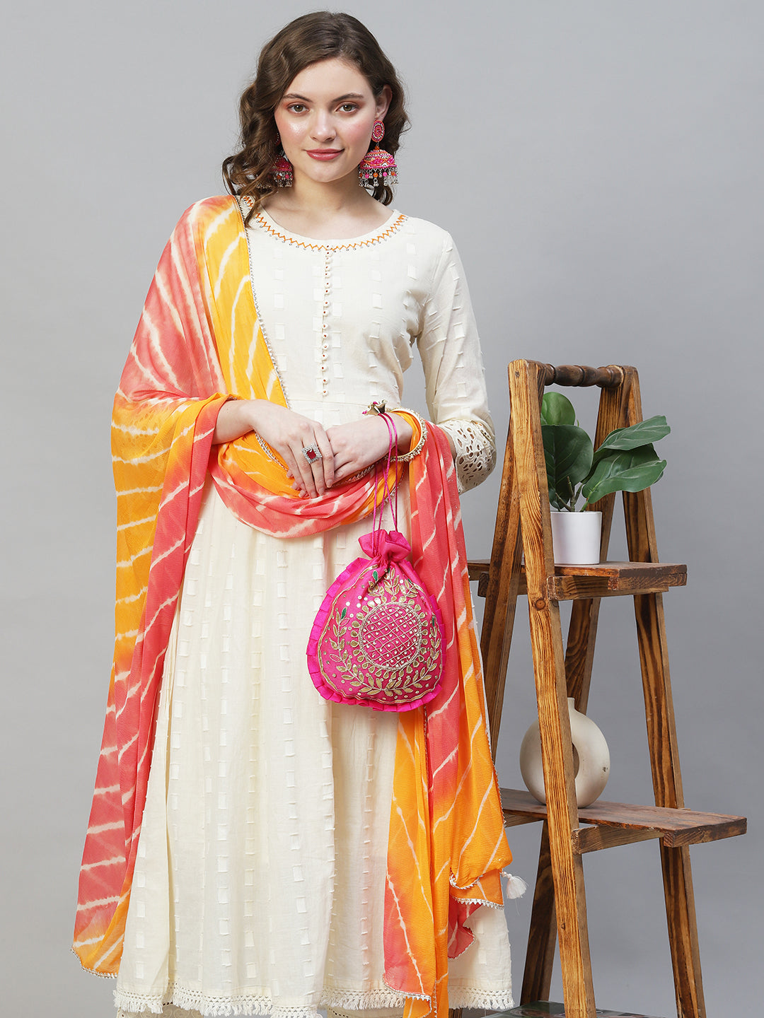 Ethnic Woven Anarkali Kurta with Pants & Dupatta - Off White