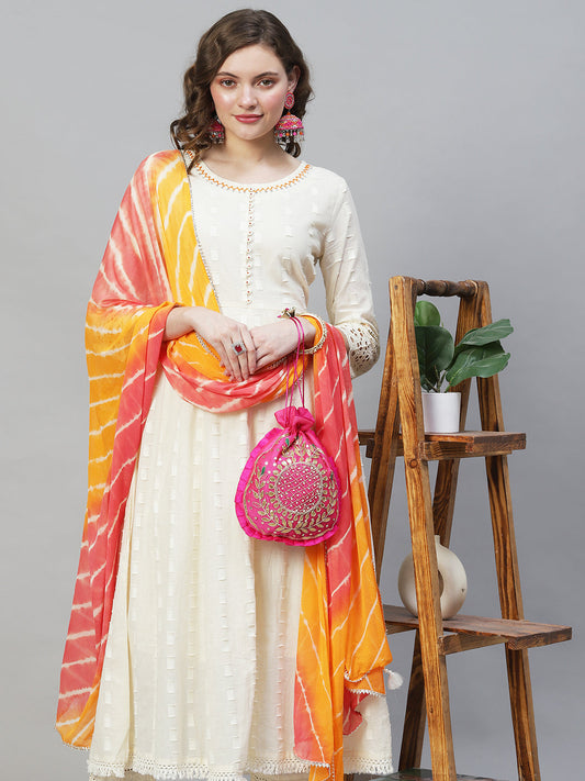 Ethnic Woven Anarkali Kurta with Pants & Dupatta - Off White