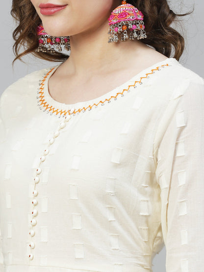 Ethnic Woven Anarkali Kurta with Pants & Dupatta - Off White