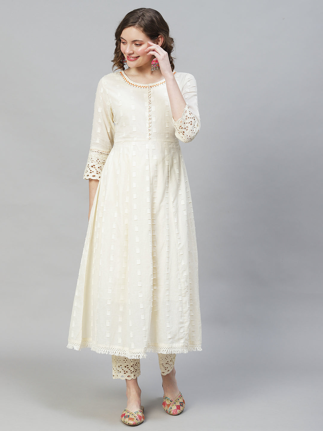 Ethnic Woven Anarkali Kurta with Pants & Dupatta - Off White