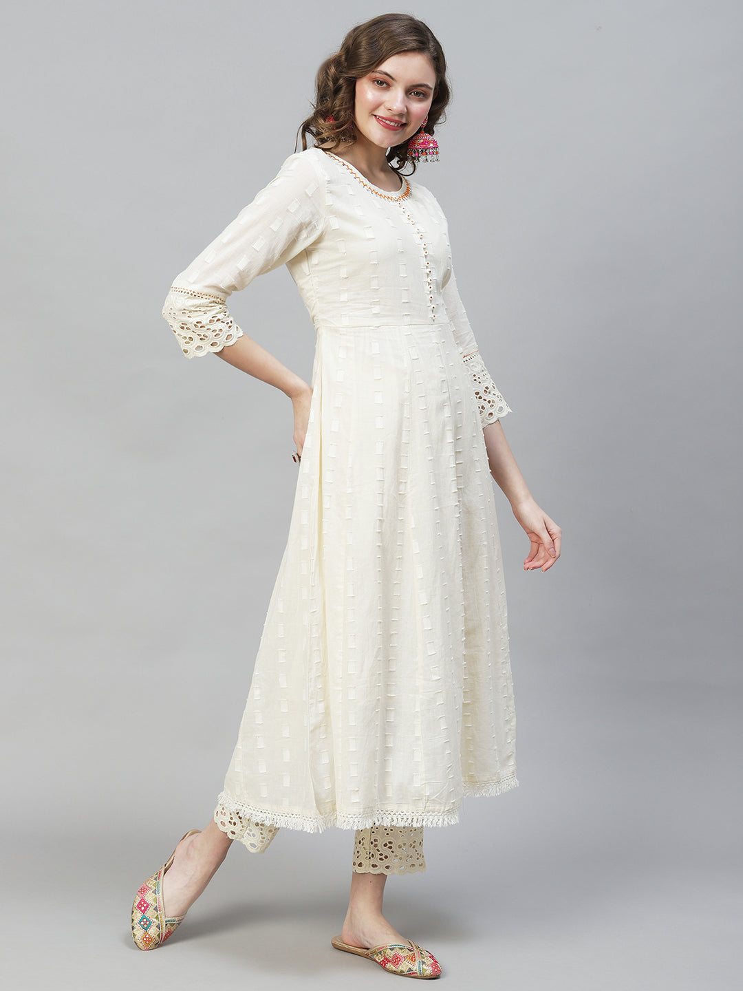 Ethnic Woven Anarkali Kurta with Pants & Dupatta - Off White
