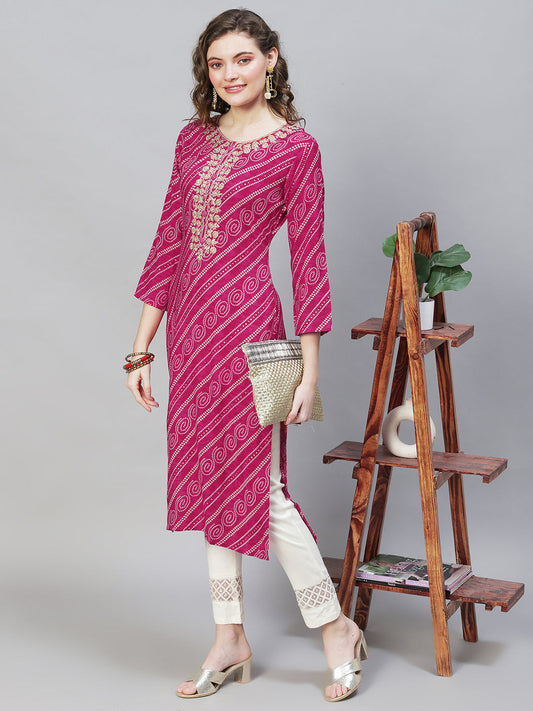 Bandhani Printed & Embroidered Straight Fit Kurta - Magenta
