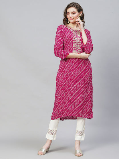 Bandhani Printed & Embroidered Straight Fit Kurta - Magenta