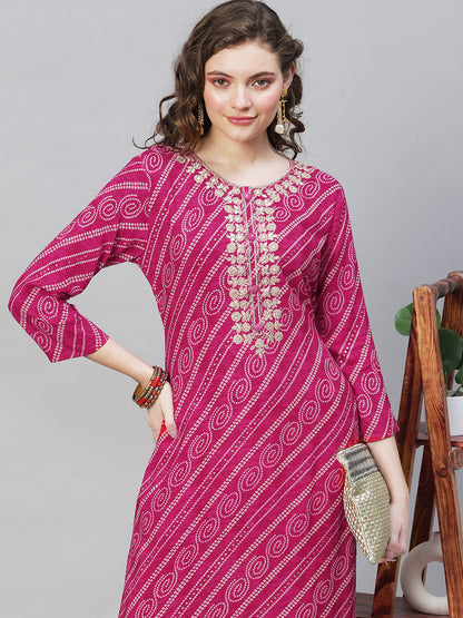 Bandhani Printed & Embroidered Straight Fit Kurta - Magenta