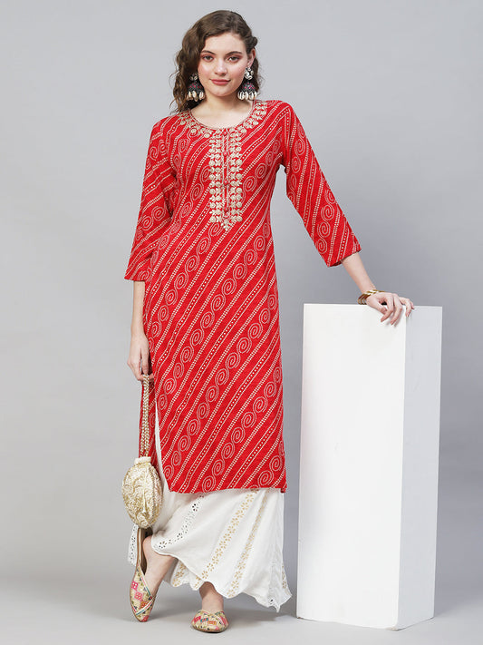 Bandhani Printed & Embroidered Straight Fit Kurta - Red