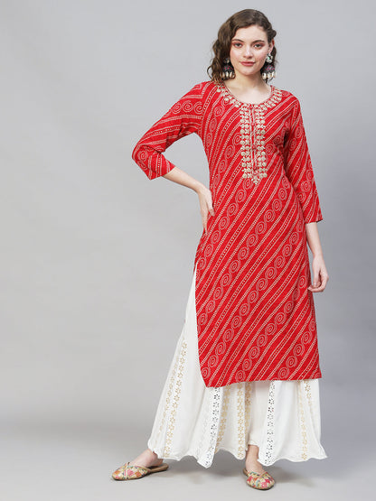 Bandhani Printed & Embroidered Straight Fit Kurta - Red