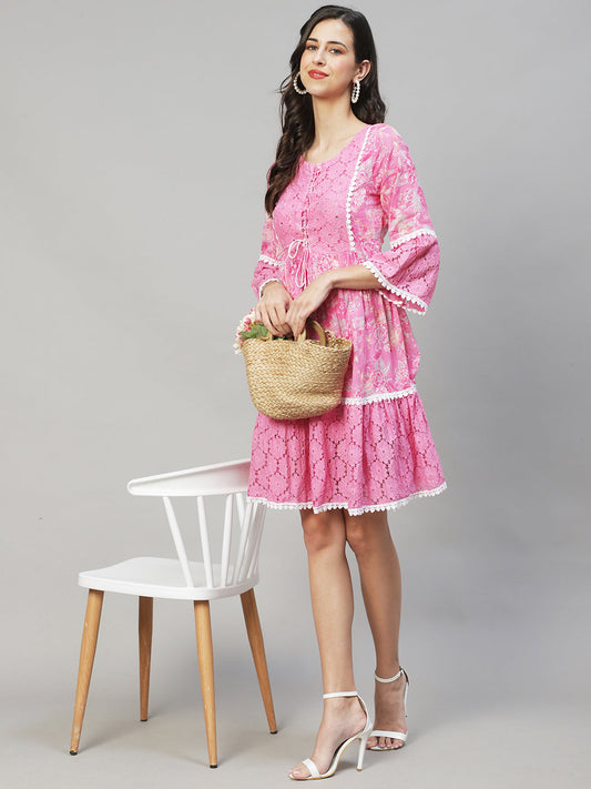 Floral Printed & Embroidered A-Line Midi Dress - Pink