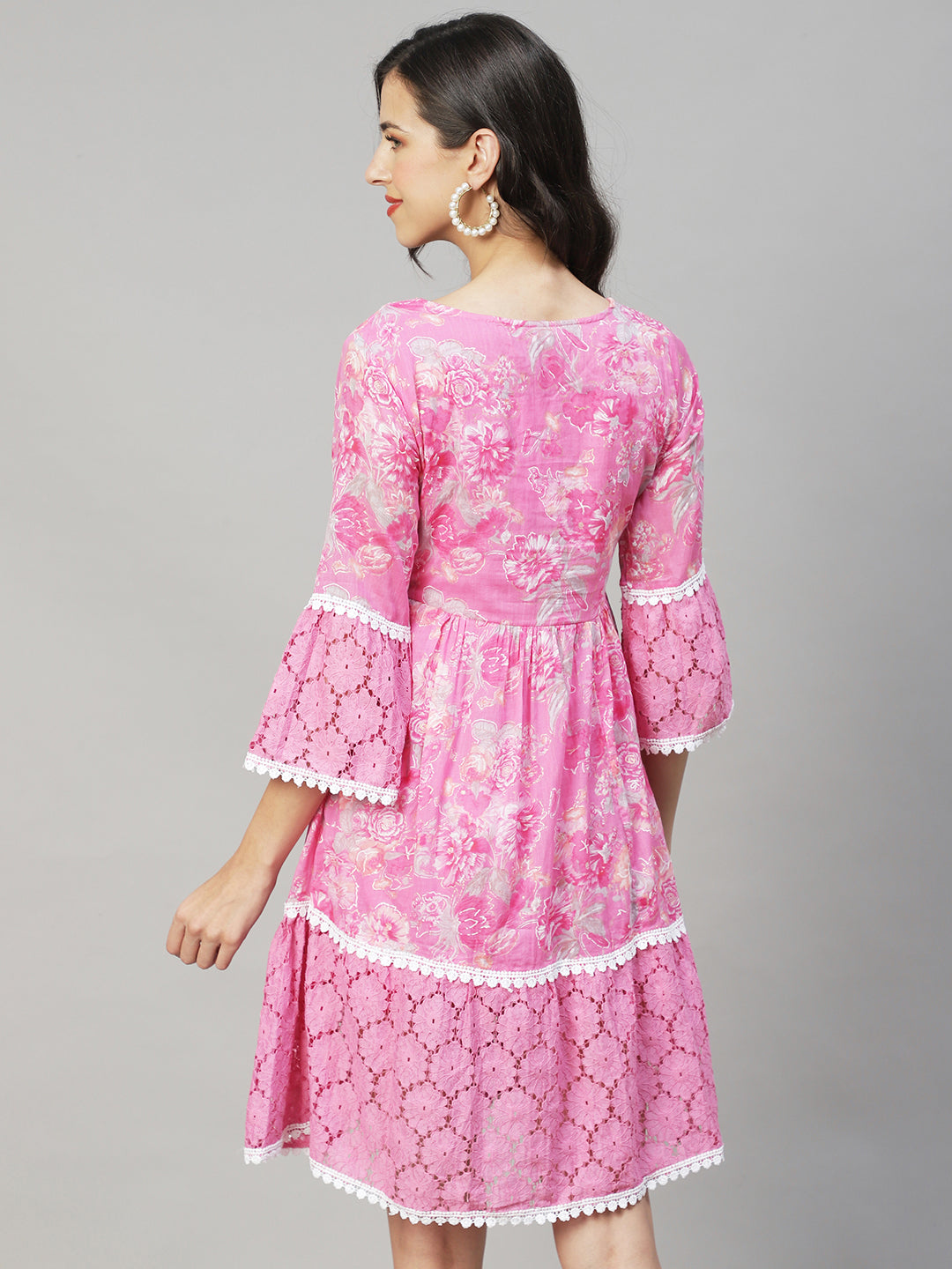Floral Printed & Embroidered A-Line Midi Dress - Pink