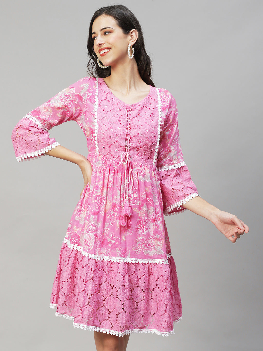 Floral Printed & Embroidered A-Line Midi Dress - Pink