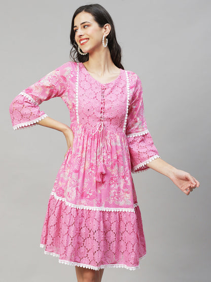 Floral Printed & Embroidered A-Line Midi Dress - Pink