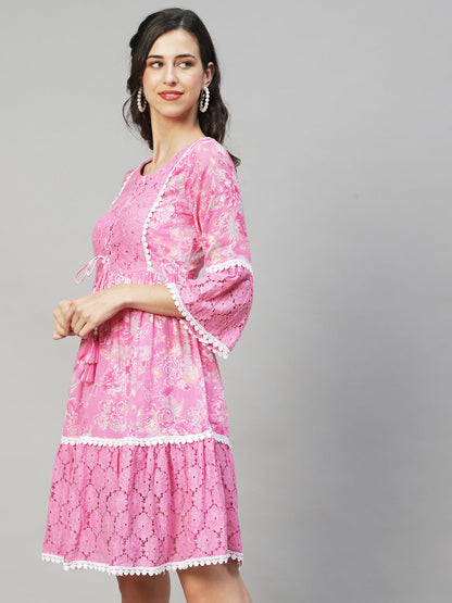 Floral Printed & Embroidered A-Line Midi Dress - Pink