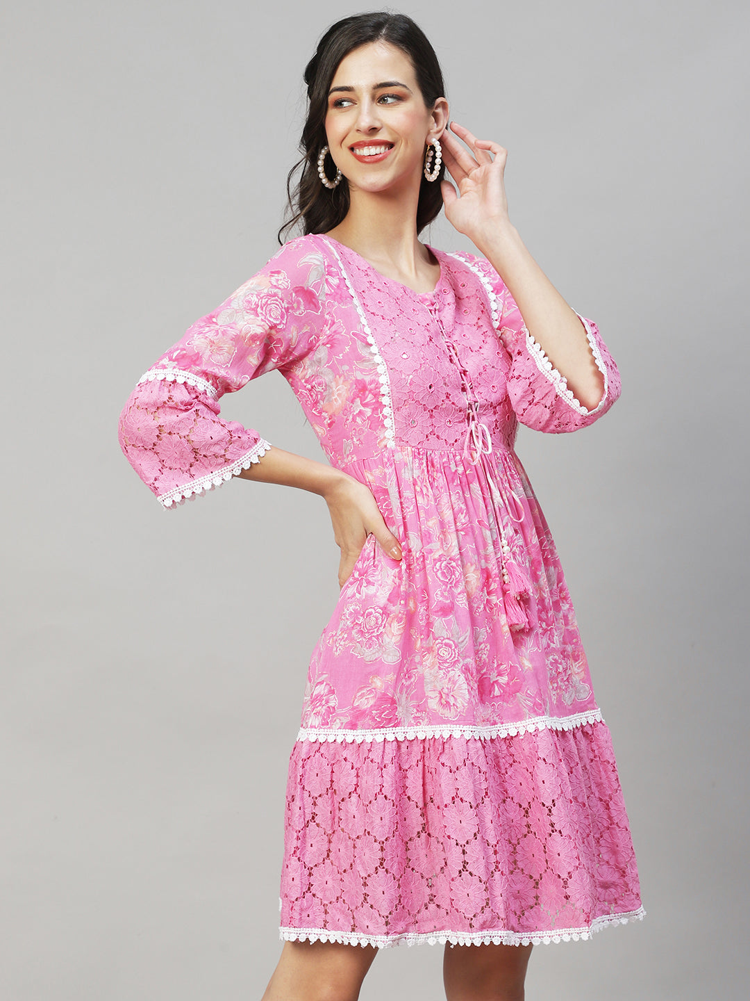 Floral Printed & Embroidered A-Line Midi Dress - Pink