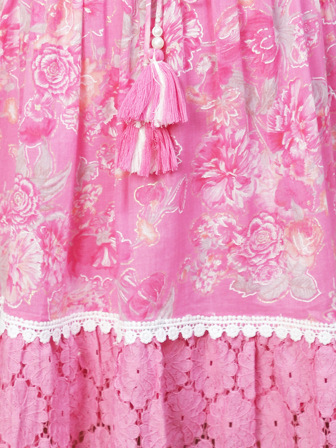 Floral Printed & Embroidered A-Line Midi Dress - Pink