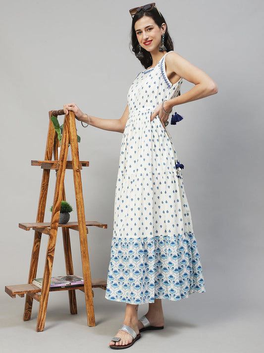 Ethnic Printed & Embroidered Tiered Flared Maxi Dress - Off White