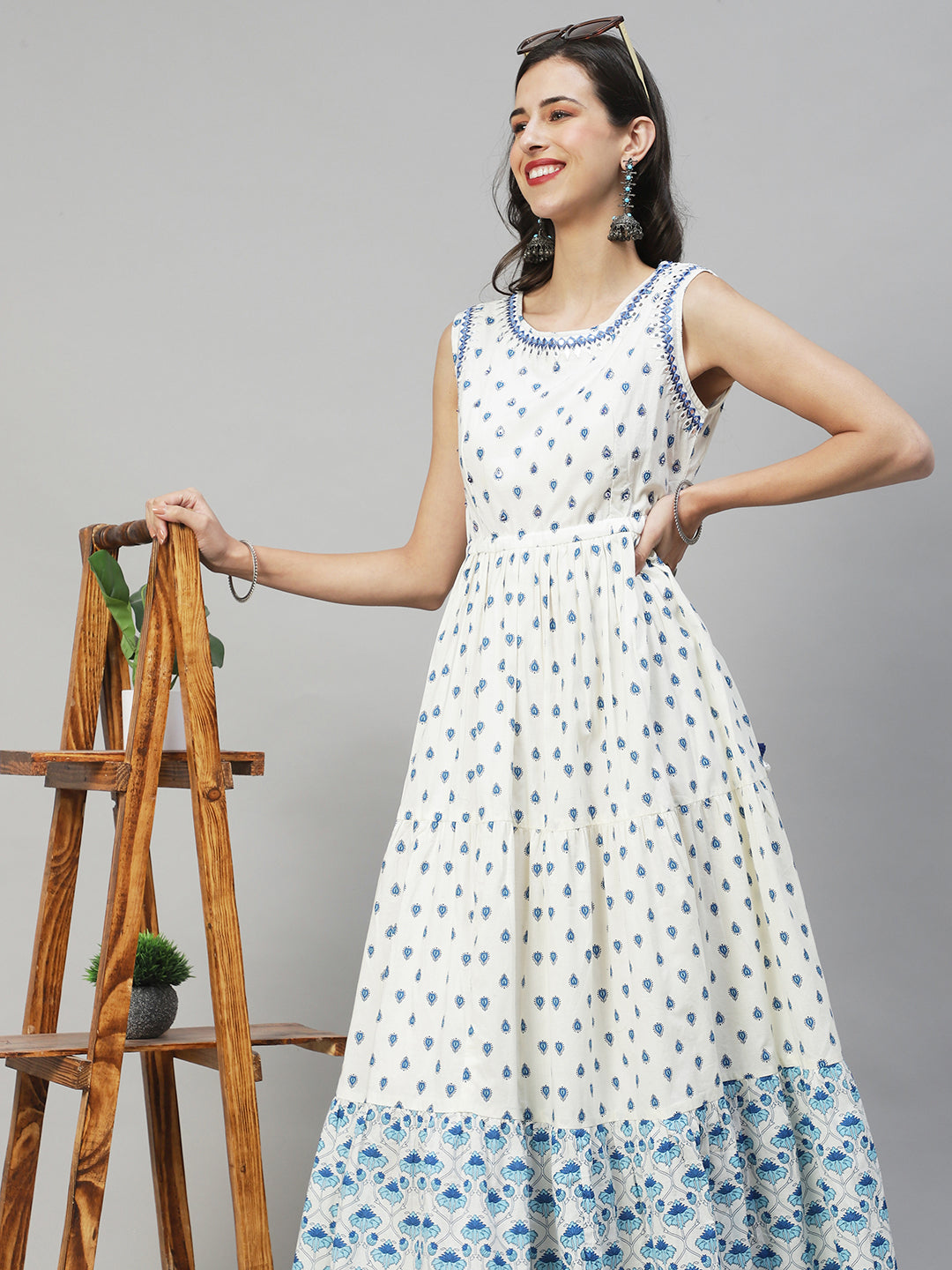 Ethnic Printed & Embroidered Tiered Flared Maxi Dress - Off White