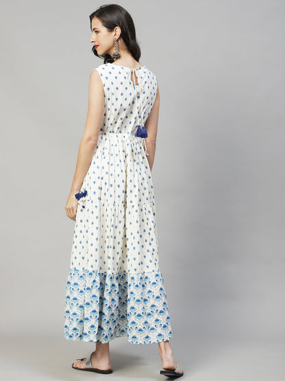 Ethnic Printed & Embroidered Tiered Flared Maxi Dress - Off White