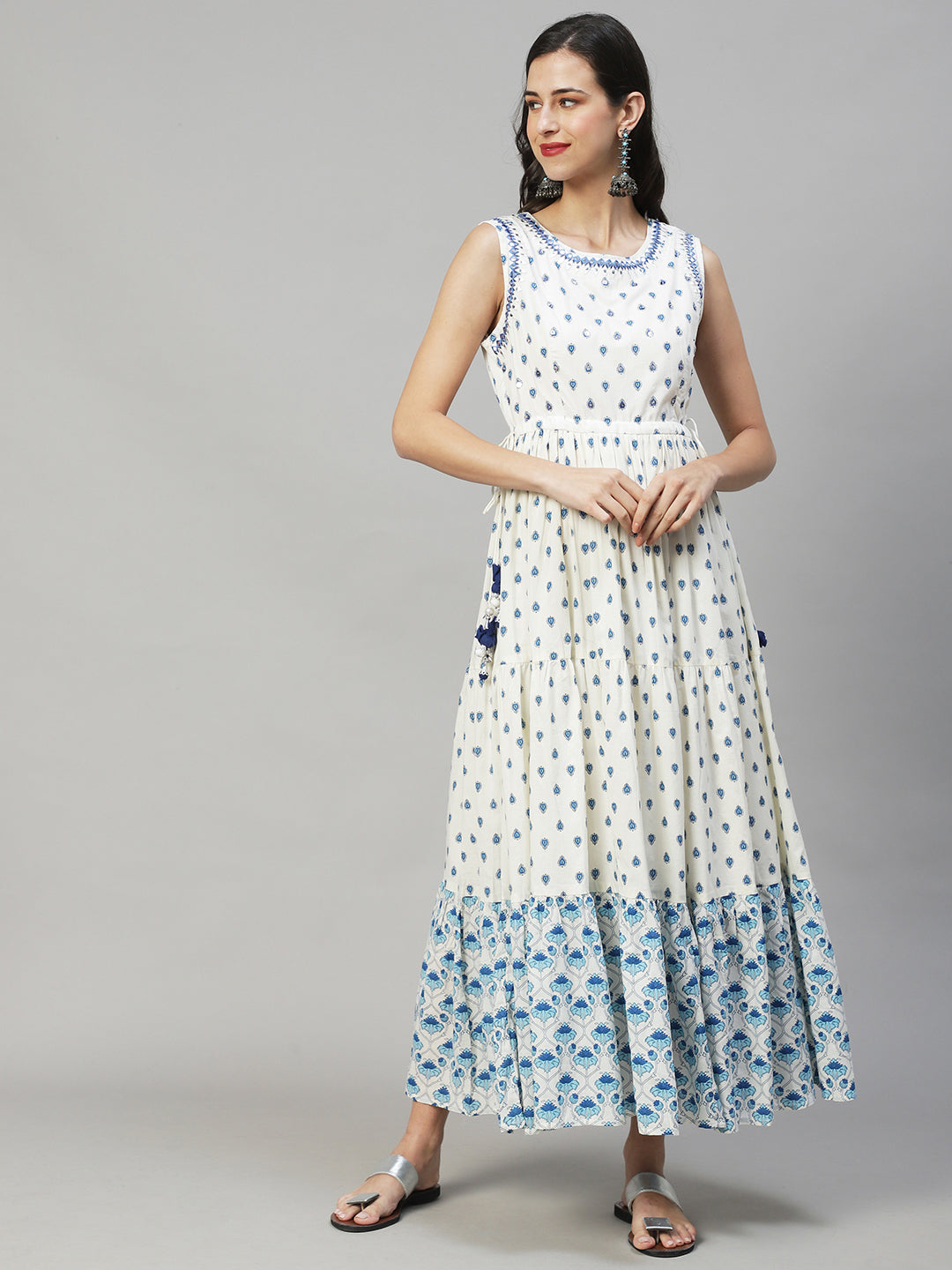 Ethnic Printed & Embroidered Tiered Flared Maxi Dress - Off White