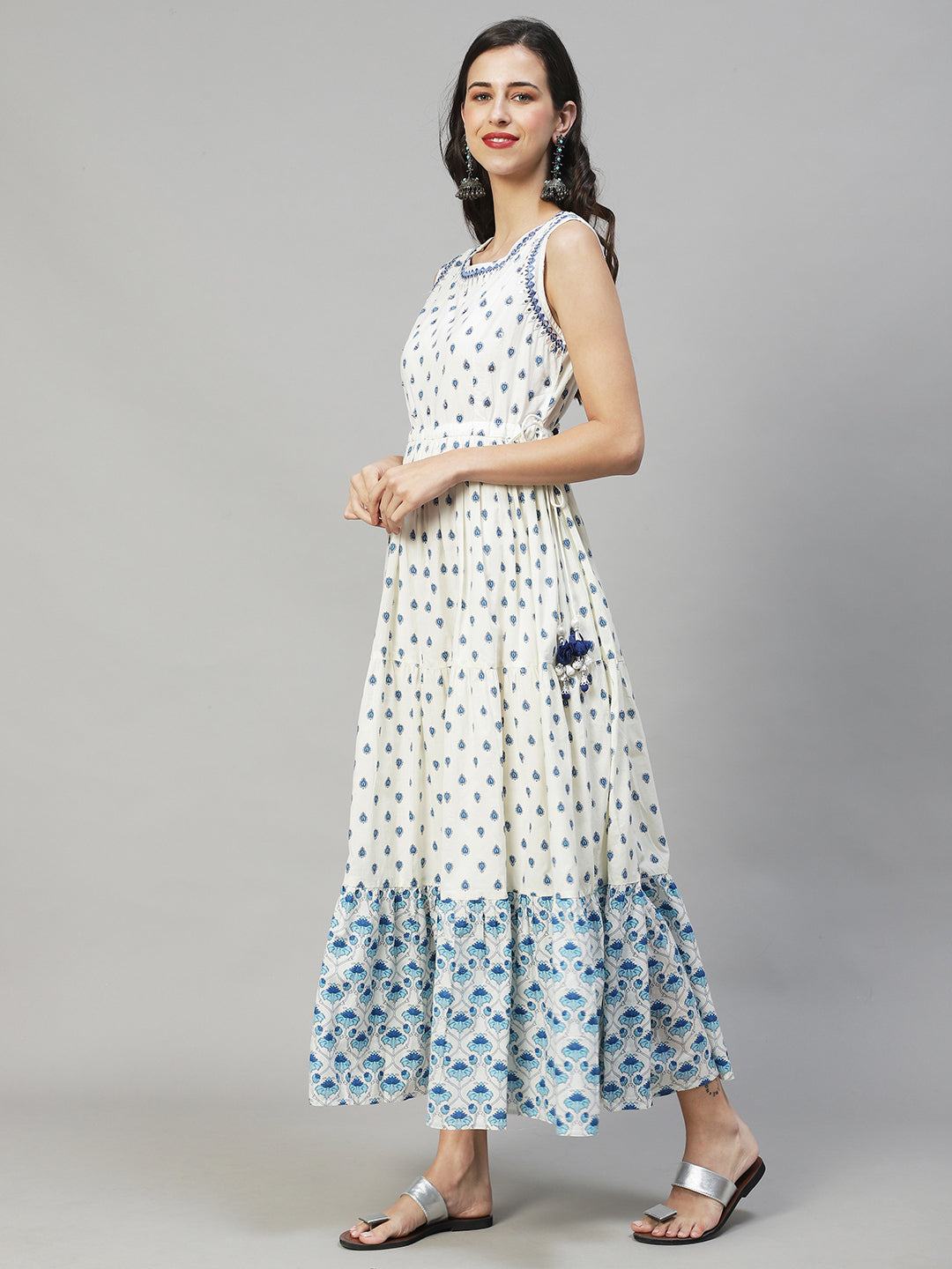 Ethnic Printed & Embroidered Tiered Flared Maxi Dress - Off White