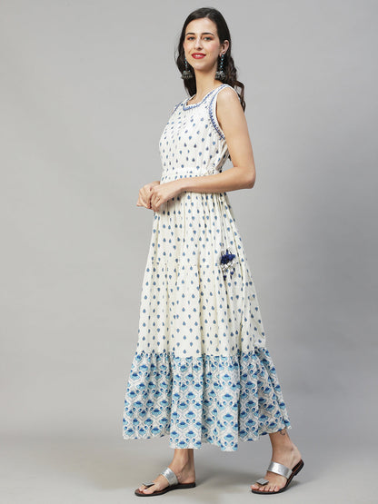 Ethnic Printed & Embroidered Tiered Flared Maxi Dress - Off White