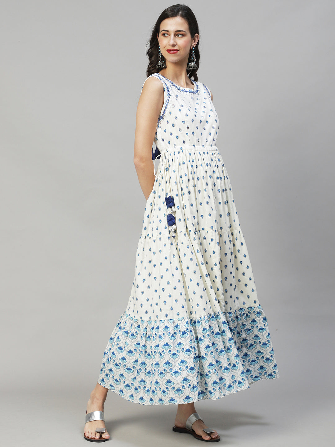 Ethnic Printed & Embroidered Tiered Flared Maxi Dress - Off White