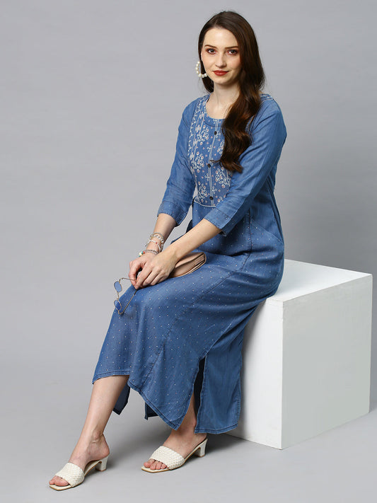 Floral Printed A-Line Midi Dress - Blue