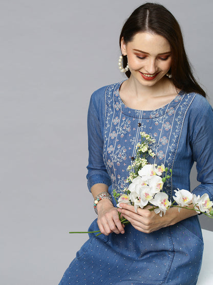 Floral Printed A-Line Midi Dress - Blue