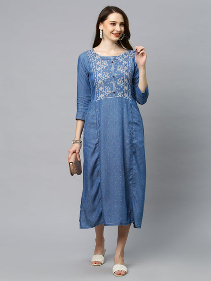 Floral Printed A-Line Midi Dress - Blue