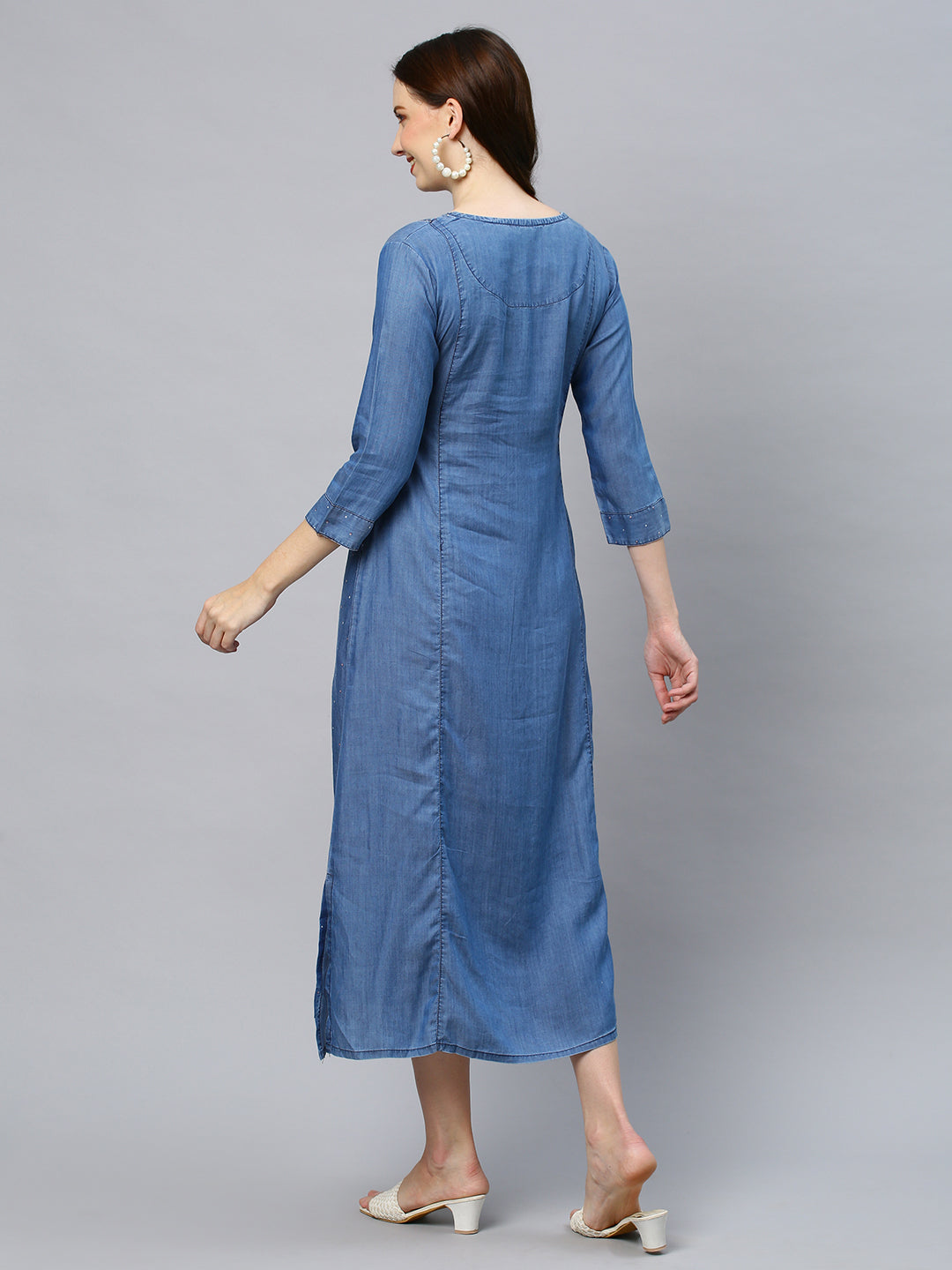 Floral Printed A-Line Midi Dress - Blue