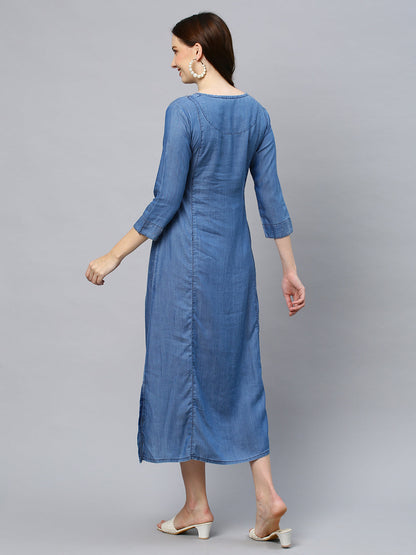 Floral Printed A-Line Midi Dress - Blue