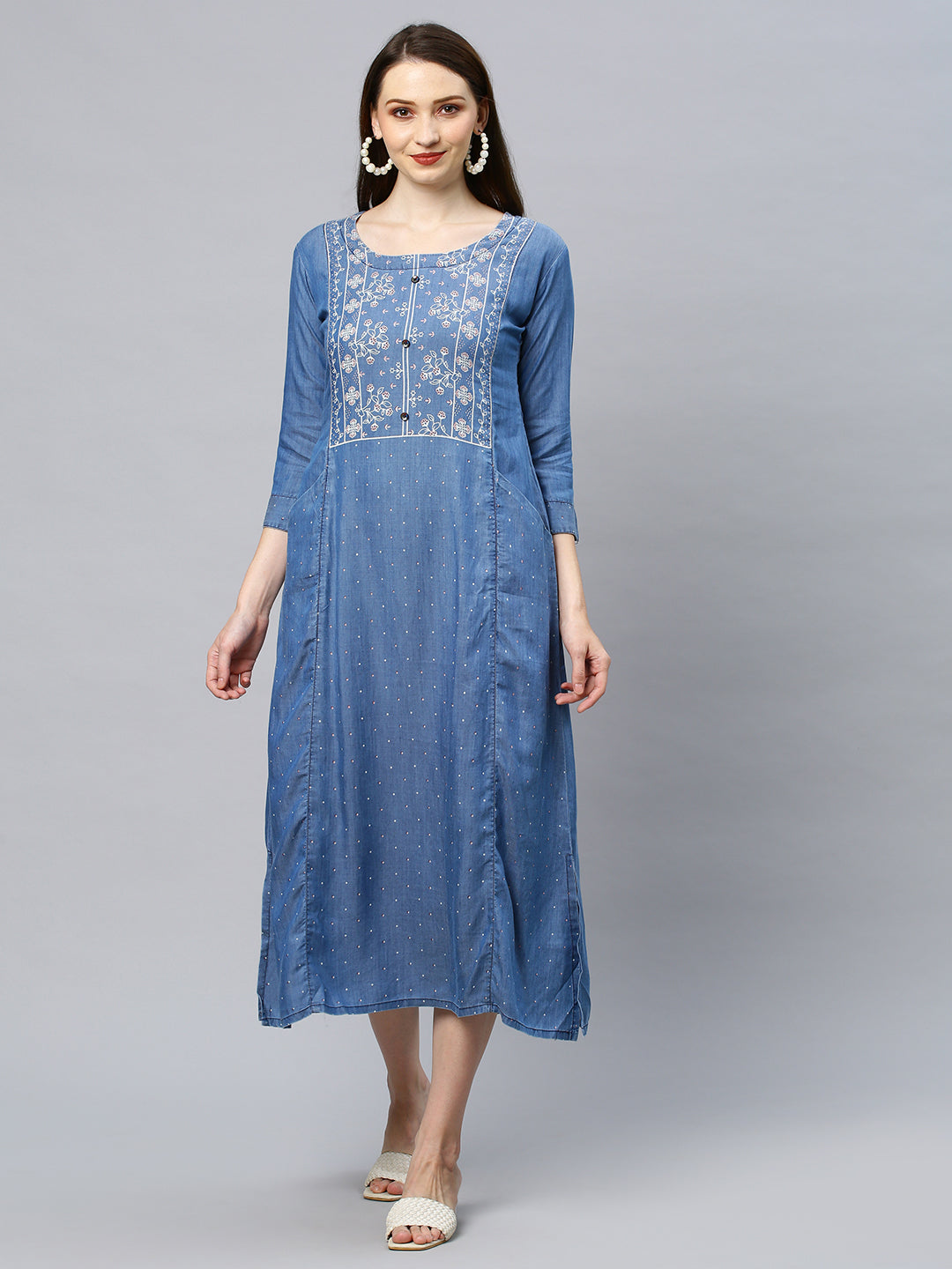 Floral Printed A-Line Midi Dress - Blue