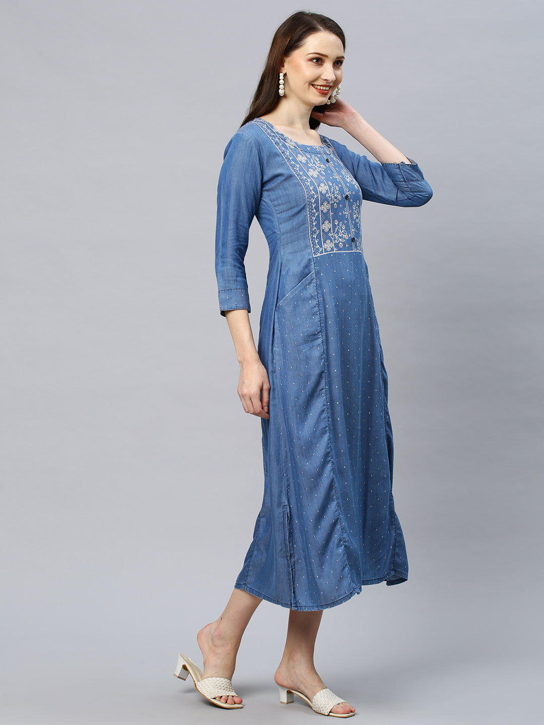 Floral Printed A-Line Midi Dress - Blue
