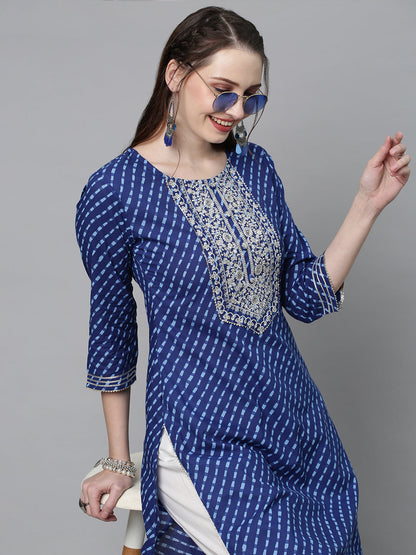 Leheriya Printed & Sequin Embroidered Straight Fit Kurta - Dark Blue