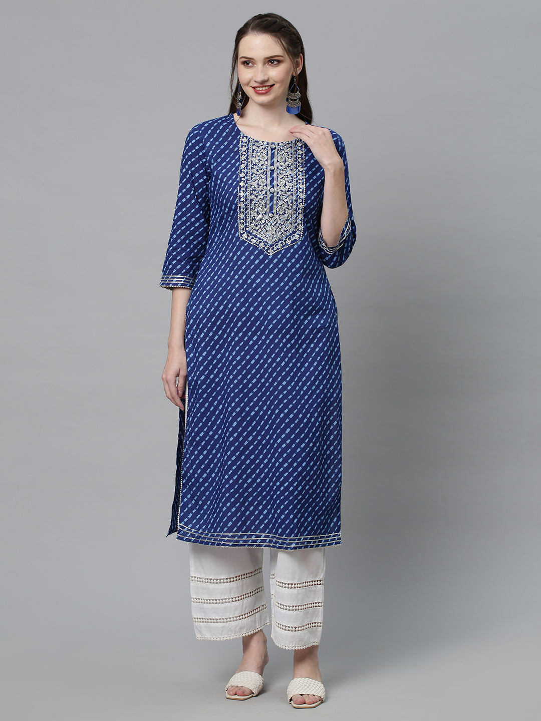 Leheriya Printed & Sequin Embroidered Straight Fit Kurta - Dark Blue