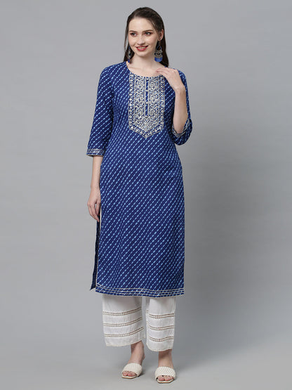 Leheriya Printed & Sequin Embroidered Straight Fit Kurta - Dark Blue