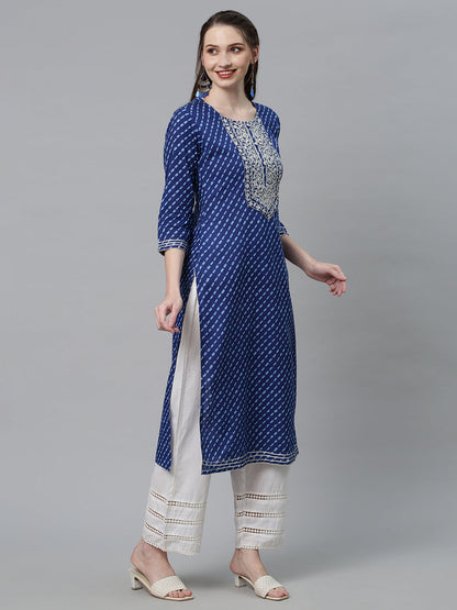 Leheriya Printed & Sequin Embroidered Straight Fit Kurta - Dark Blue