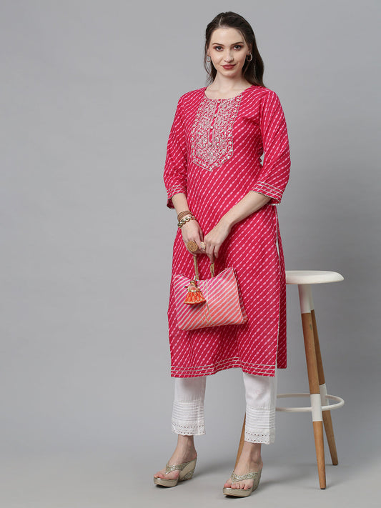 Leheriya Printed & Sequin Embroidered Straight Fit Kurta - Hot Pink