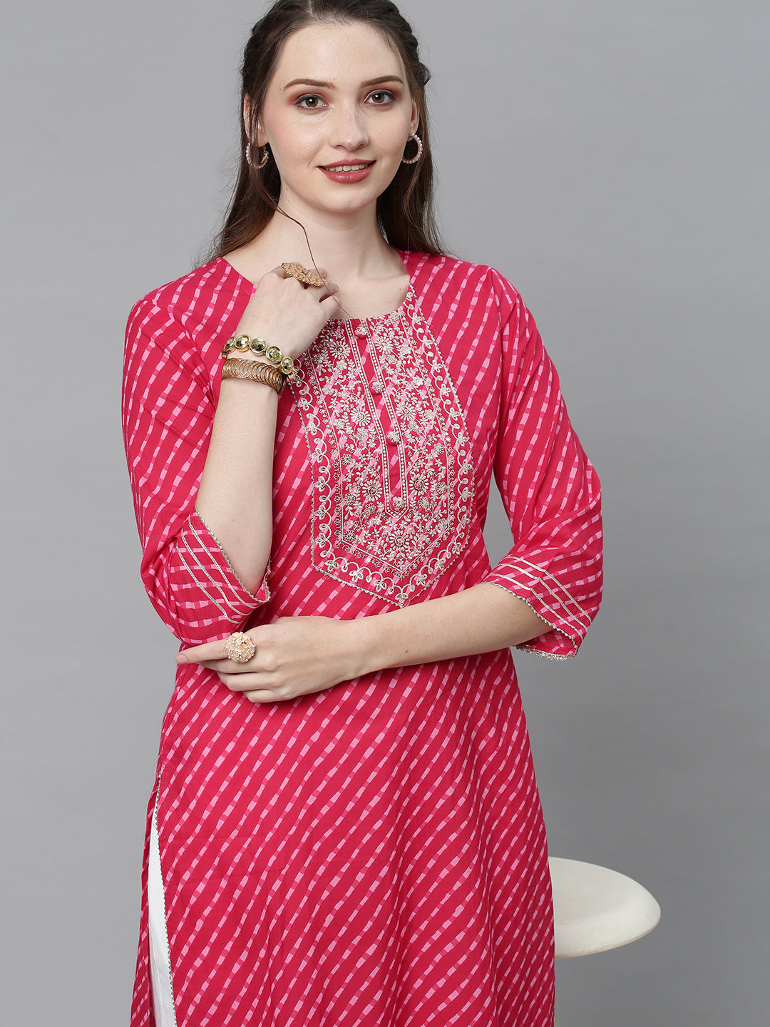 Leheriya Printed & Sequin Embroidered Straight Fit Kurta - Hot Pink