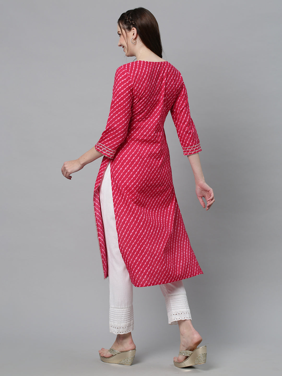 Leheriya Printed & Sequin Embroidered Straight Fit Kurta - Hot Pink