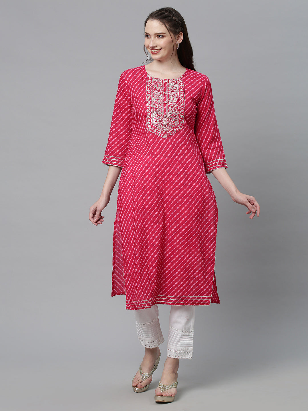 Leheriya Printed & Sequin Embroidered Straight Fit Kurta - Hot Pink