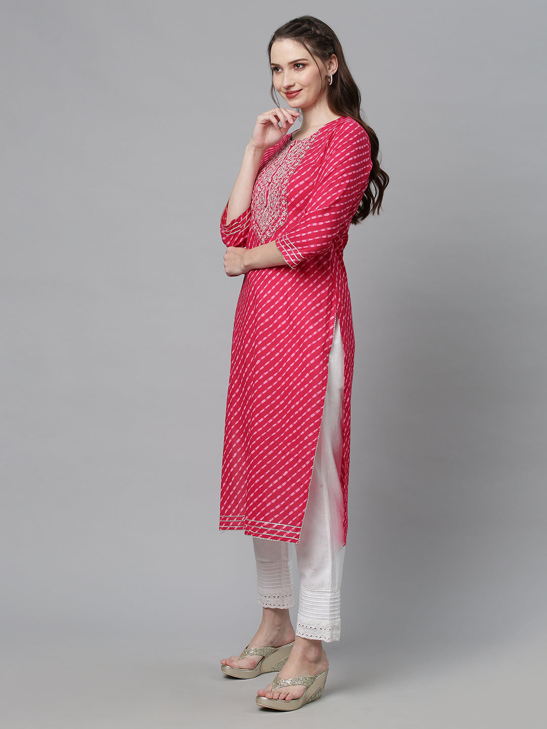 Leheriya Printed & Sequin Embroidered Straight Fit Kurta - Hot Pink