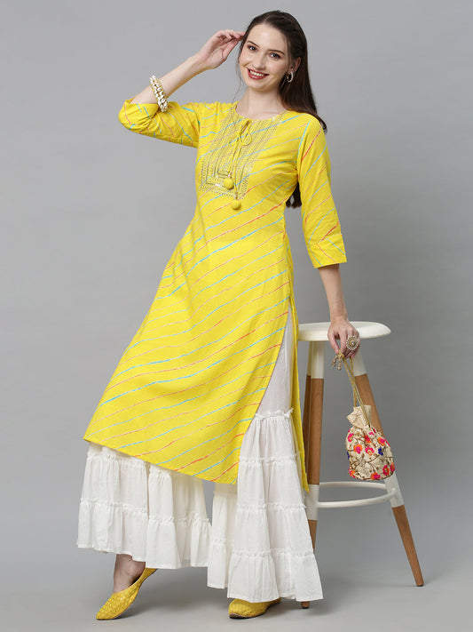 Leheriya Printed & Embroidered Straight Fit Kurta - Yellow