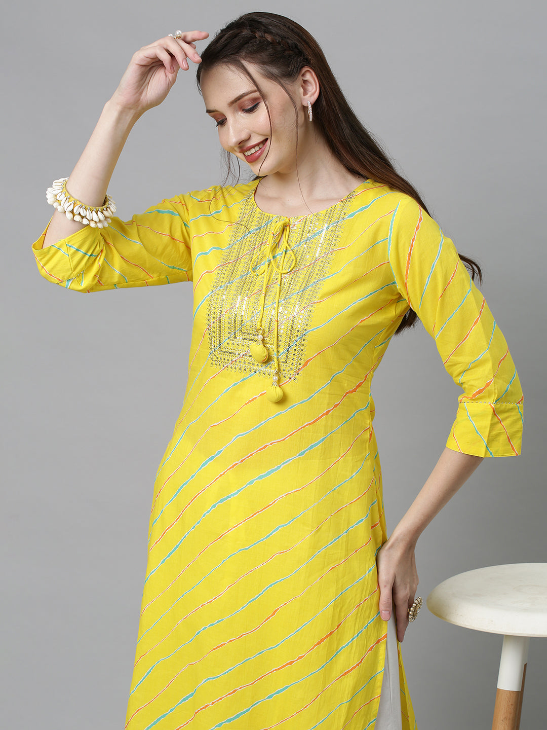 Leheriya Printed & Embroidered Straight Fit Kurta - Yellow