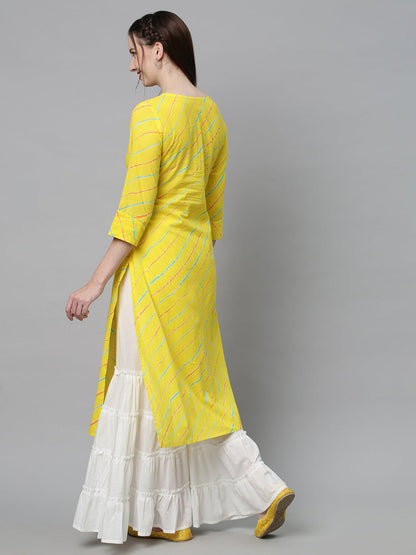 Leheriya Printed & Embroidered Straight Fit Kurta - Yellow