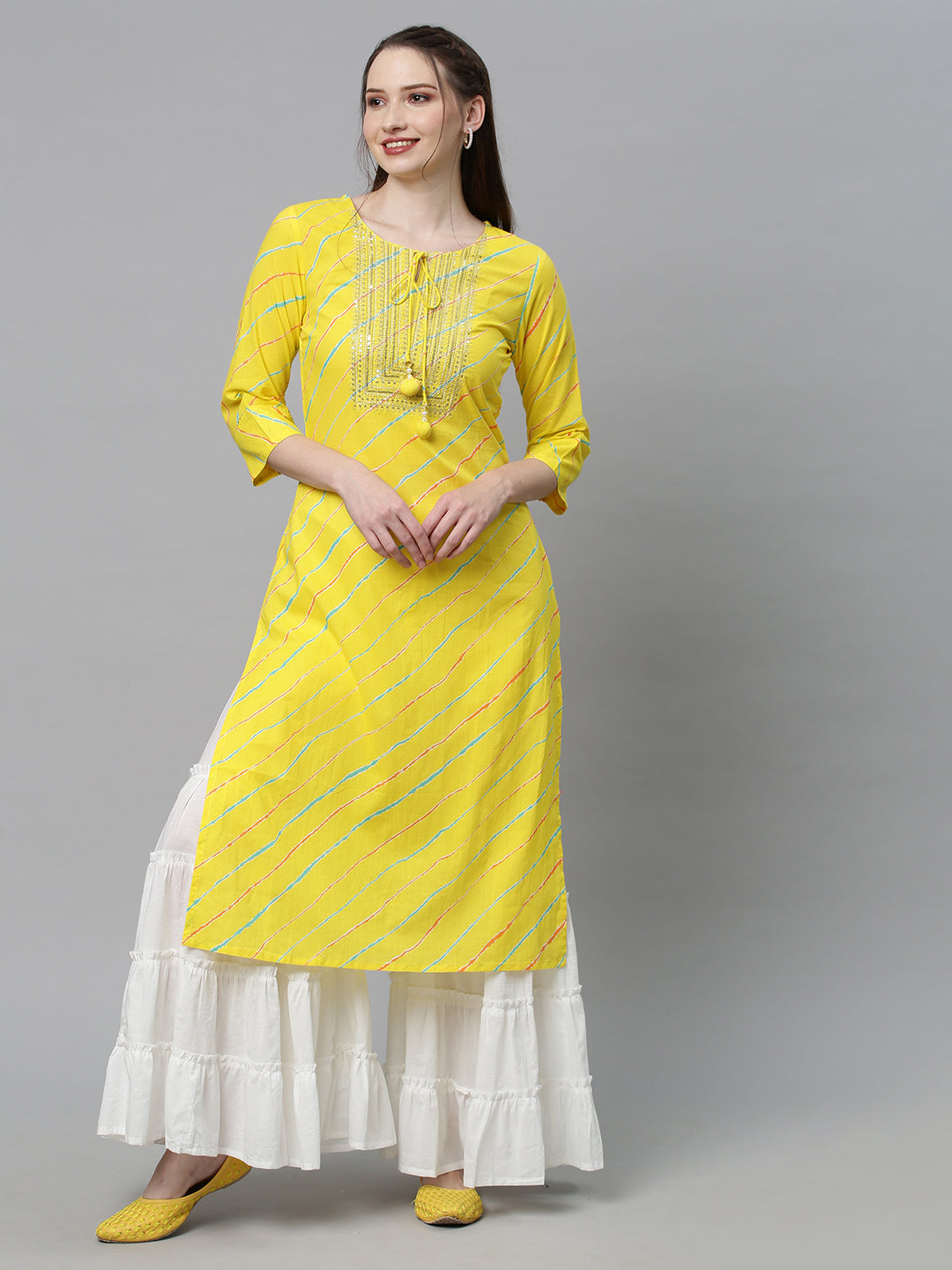 Leheriya Printed & Embroidered Straight Fit Kurta - Yellow