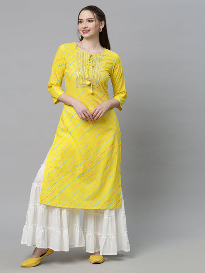 Leheriya Printed & Embroidered Straight Fit Kurta - Yellow