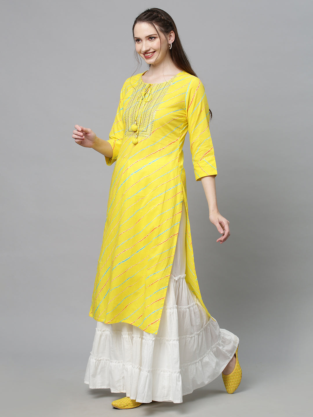 Leheriya Printed & Embroidered Straight Fit Kurta - Yellow