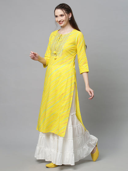 Leheriya Printed & Embroidered Straight Fit Kurta - Yellow