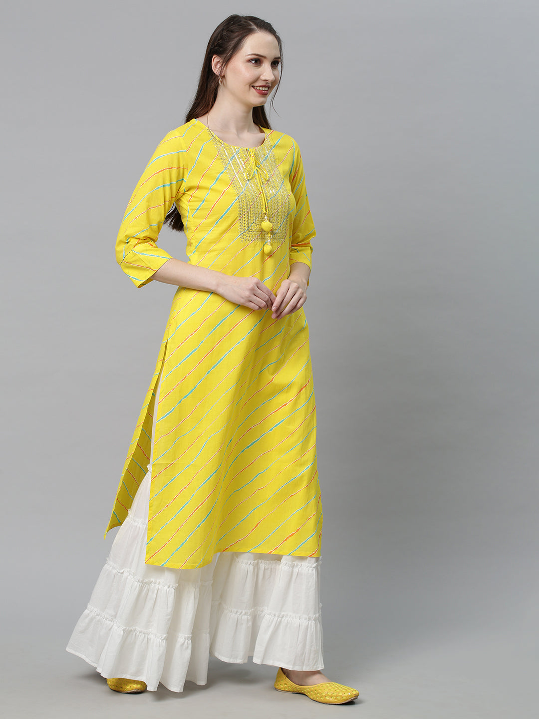 Leheriya Printed & Embroidered Straight Fit Kurta - Yellow