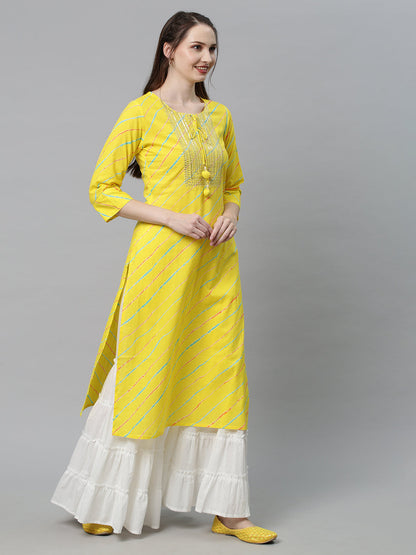 Leheriya Printed & Embroidered Straight Fit Kurta - Yellow